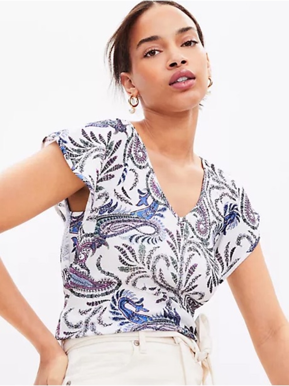 LOFT Paisley Print Blouse - White, Blue, Purple